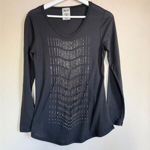 VOCAL Small Bling Waffle Knit Long Sleeve Tee Black Rhinestone Western Rodeo S
